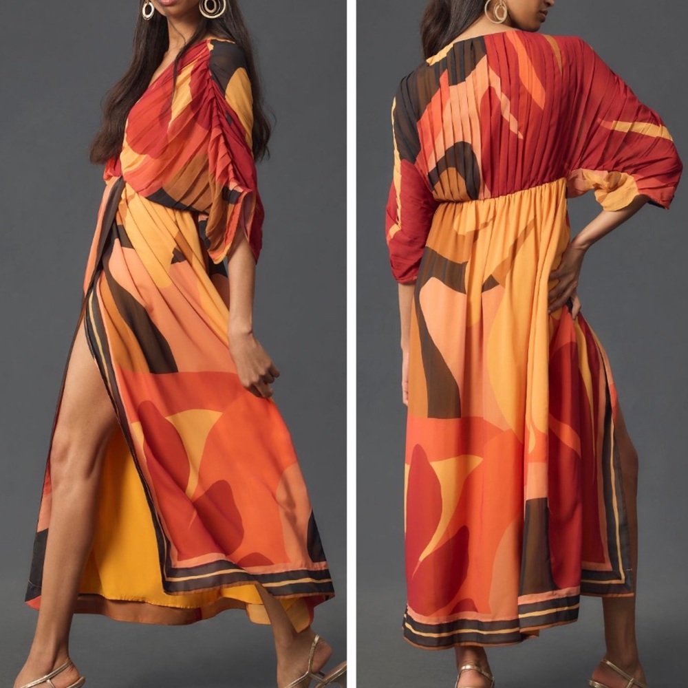 FARM Rio Red Orange & Yellow Abstract Pleated Maxi Dress